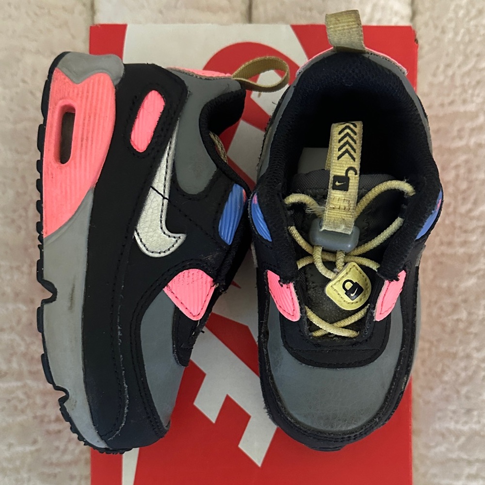 Nike Air Max 90 Toggle (TD) kids Sneakers Smoke grey/Metallic silver size 6c